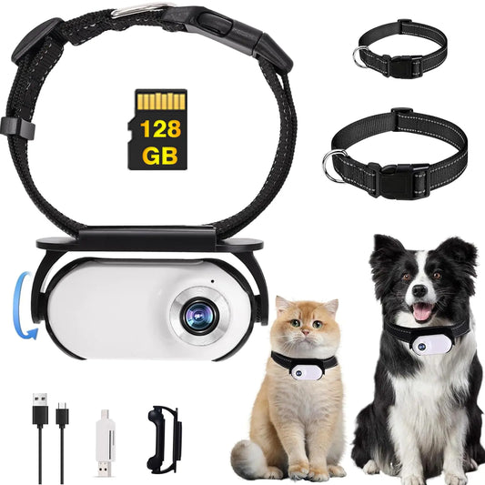 Pet Baby Upgrade Cat Camera Collar with 128GB SD Card HD 1080P Pet Collar Camera Cat Video Camera Mini Collar Camera for Dogs Cats Present Indoor/Outdoor
